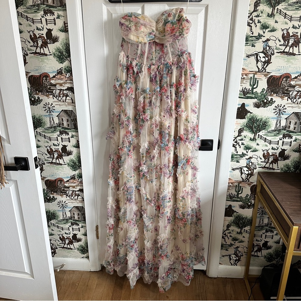 Floral Strapless Maxi Dress in Cream with Pastel Bouquet Print - Picture 2 of 5
